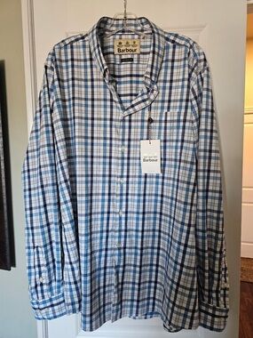 Barbour Men’s Blue and White Plaid Button-Down Shirt